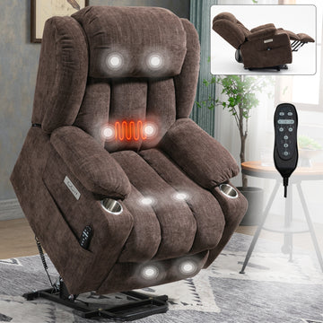 Up To 350 Lbs Chenille Power Lift Recliner Chair, Heavy Duty Motion Mechanism With 8 Point Vibration Massage And Lumbar Heating, Usb And Type C Ports, Stainless Steel Cup Holders, Brown White Metal Primary Living Space Heavy Duty Pine Brown Chenille