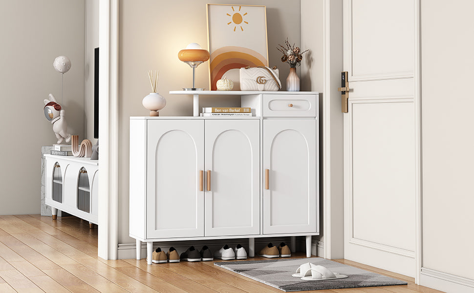 Elegant Shoe Cabinet With Arched Doors And Drawer, Cream Style Storage Sideboard With Adjustable Shelves And Solid Wood Legs For Entryway, Living Room, White Freestanding 1 2 Drawers White Primary Living Space Adjustable Shelves Particle Board Mdf