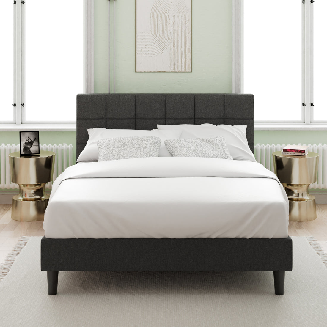 Upholstered Platform Bed Square Stitch Queen Grey Wood Upholstered