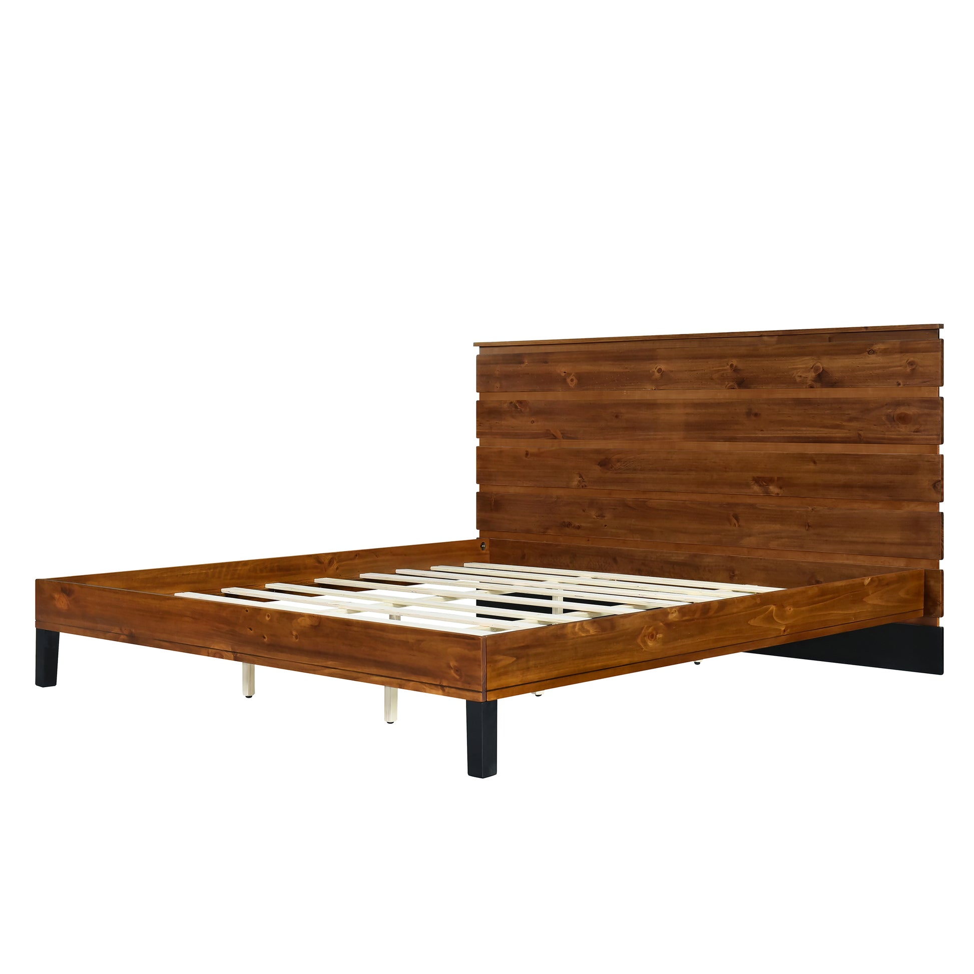 Mid Century Modern Solid Wood Bed Frame King Size Platform Bed With Six Piece Headboard Design, No Box Spring Needed, Brown King Brown Pine