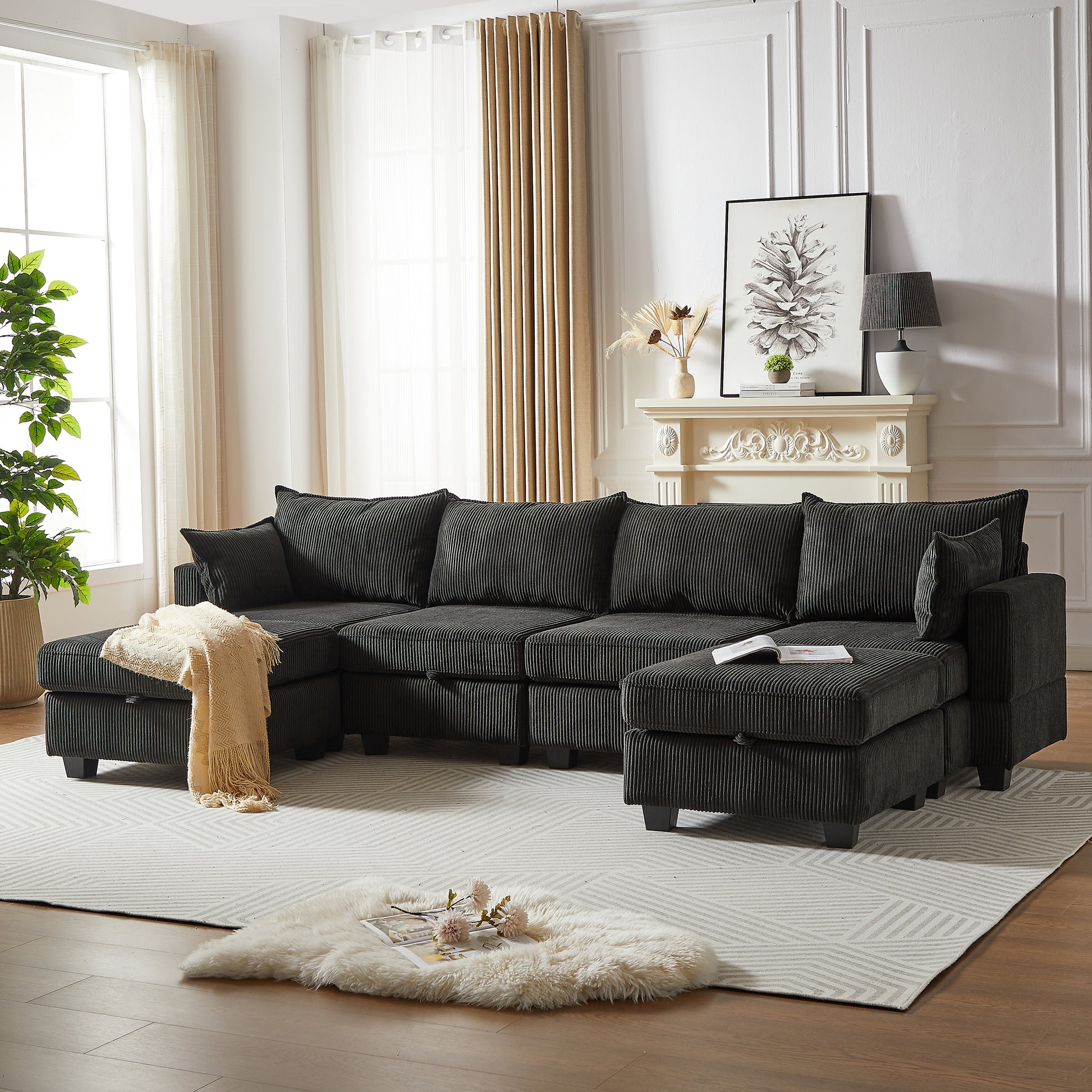 113.5'' Modular Sectiona Corduroy Sofa, Sectional Couches For Living Room U Shaped Sectional Couch With Storage Ottoman, 6 Seats Convertible Sectionals With Chaise Black Corduroy 6 Seat