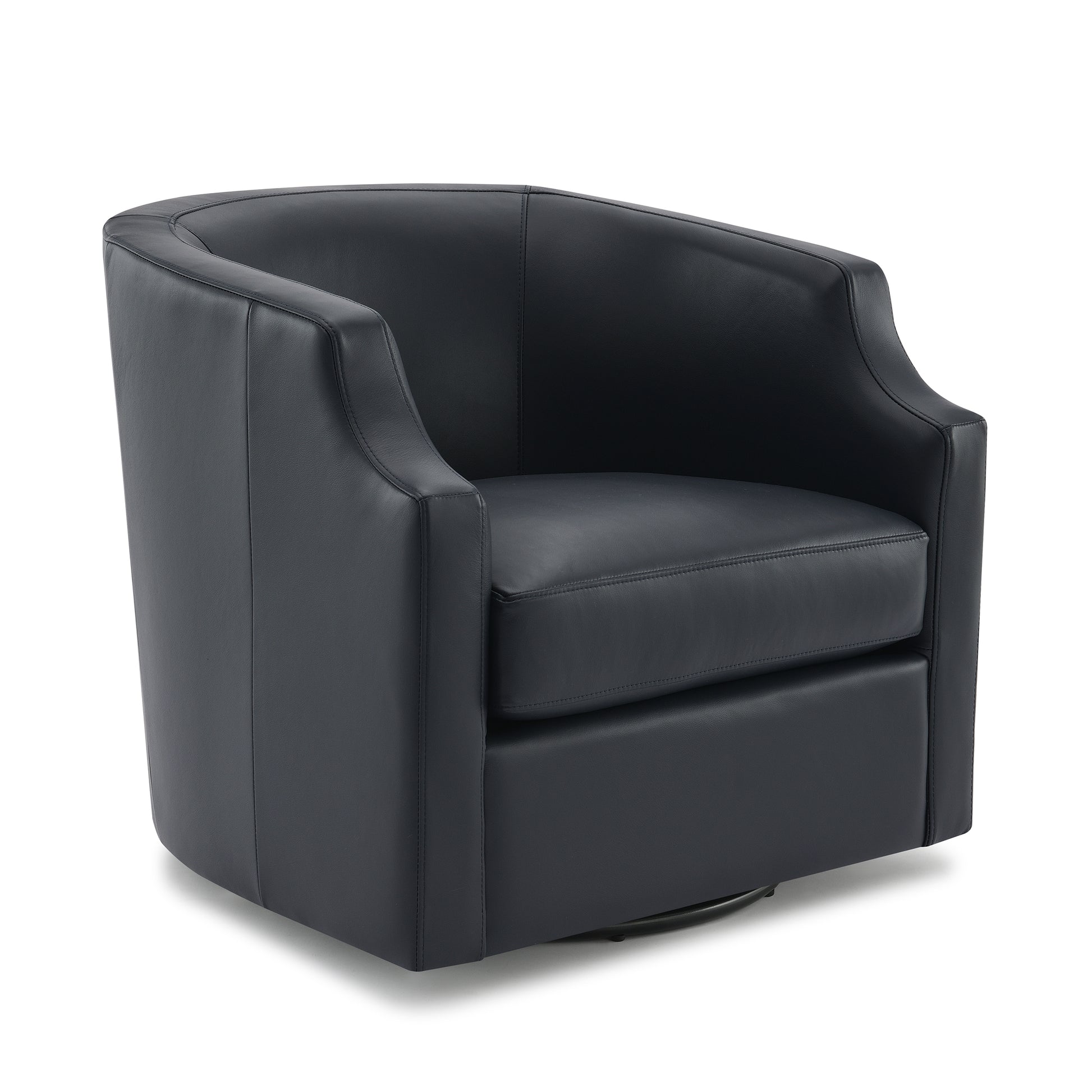 Emmett Midnight Blue Top Grain Leather Swivel Glider Barrel Chair Blue Foam Leather