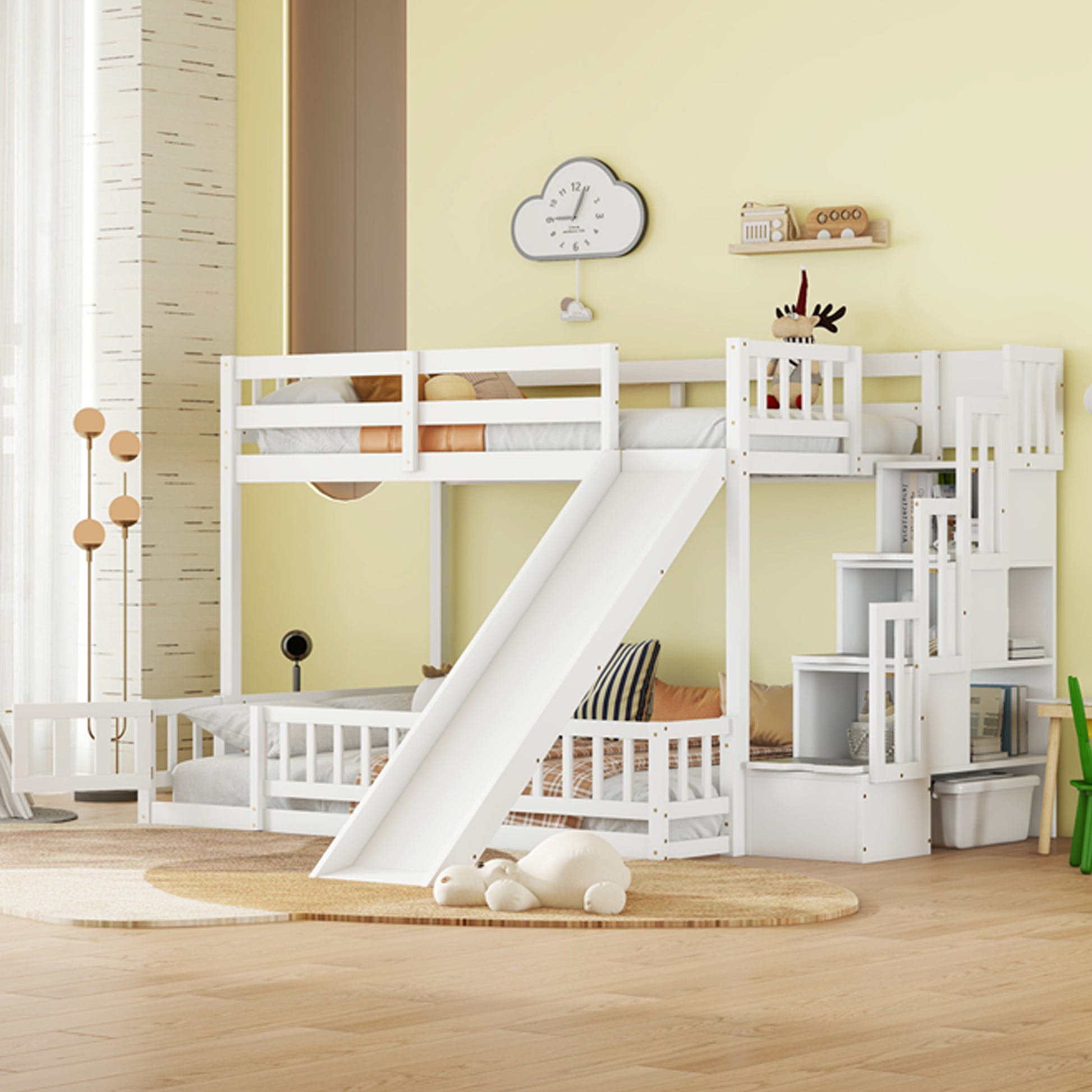 Twin Over Full Bunk Bed With Slide, Storage Staircase, Pine Solid Wooden Bunk Bed With Safety Guardrails,White White Pine