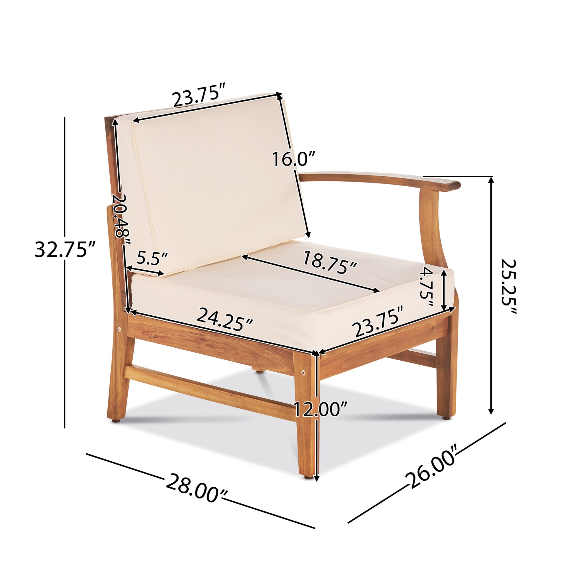Perla Right Armchair, Cream Cream Acacia Wood