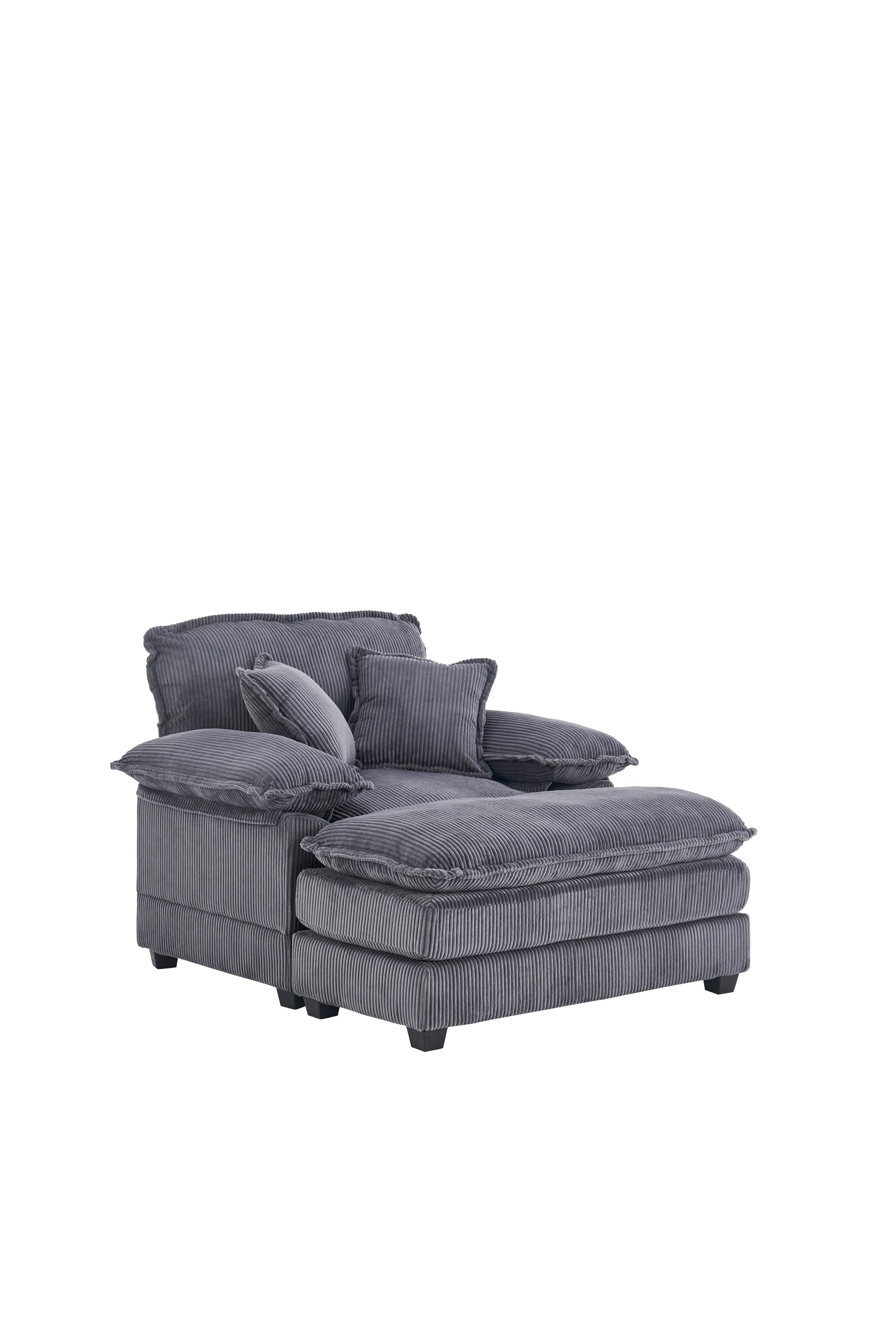 56.3 Inch Corduroy Single Sofa With 2 Toss Pillows And A Ottoman ,Comfy Sofa Deep Seat Couch For Living Room Grey Foam 1 Seat