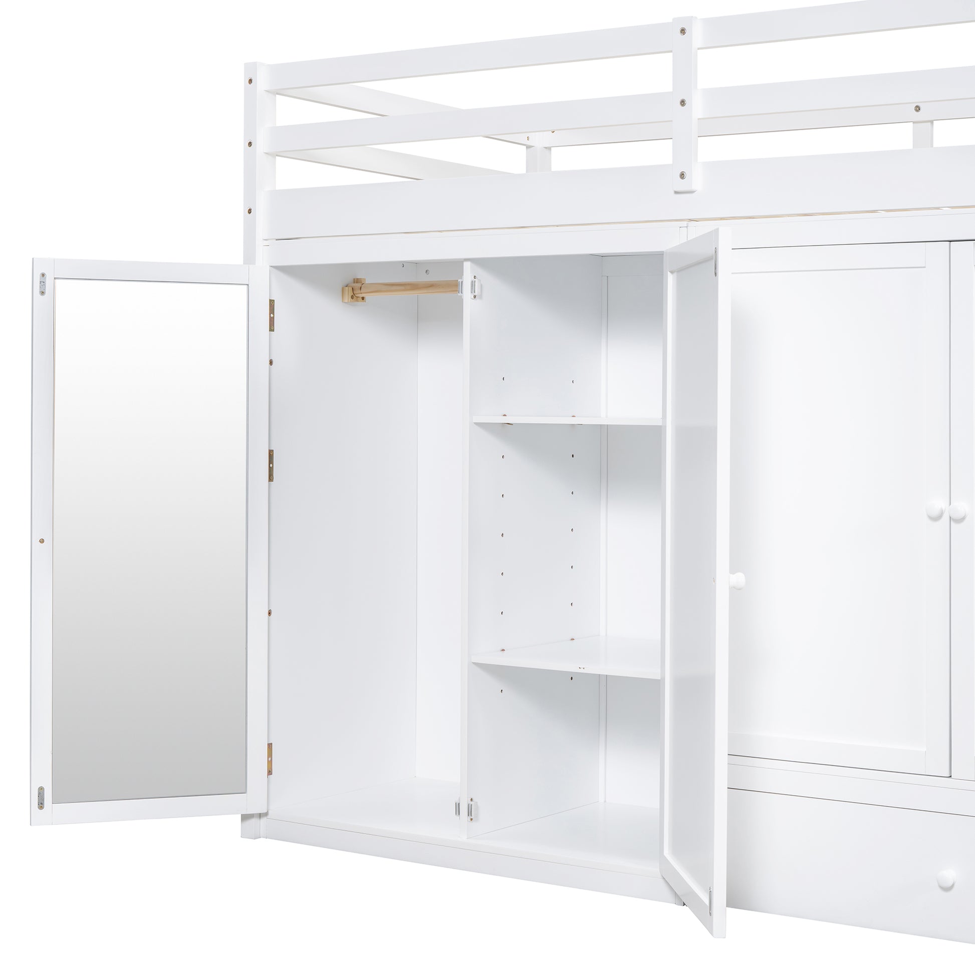 Twin Size Loft Bed With Drawer, Two Wardrobes And Mirror, White White Solid Wood Mdf