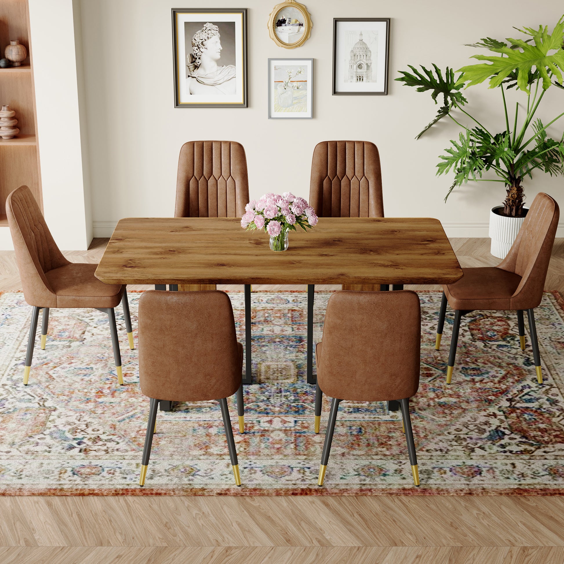 Table And Chair Set.67"X36" Wood Textured Mdf Dining Table Set With 6 Brown Suede Chairs.Mdf Sticker,Wood Colored Texture Sticker,Brown Armless Dining Chair,Suitable For Kitchen,Dining Room,Etc.