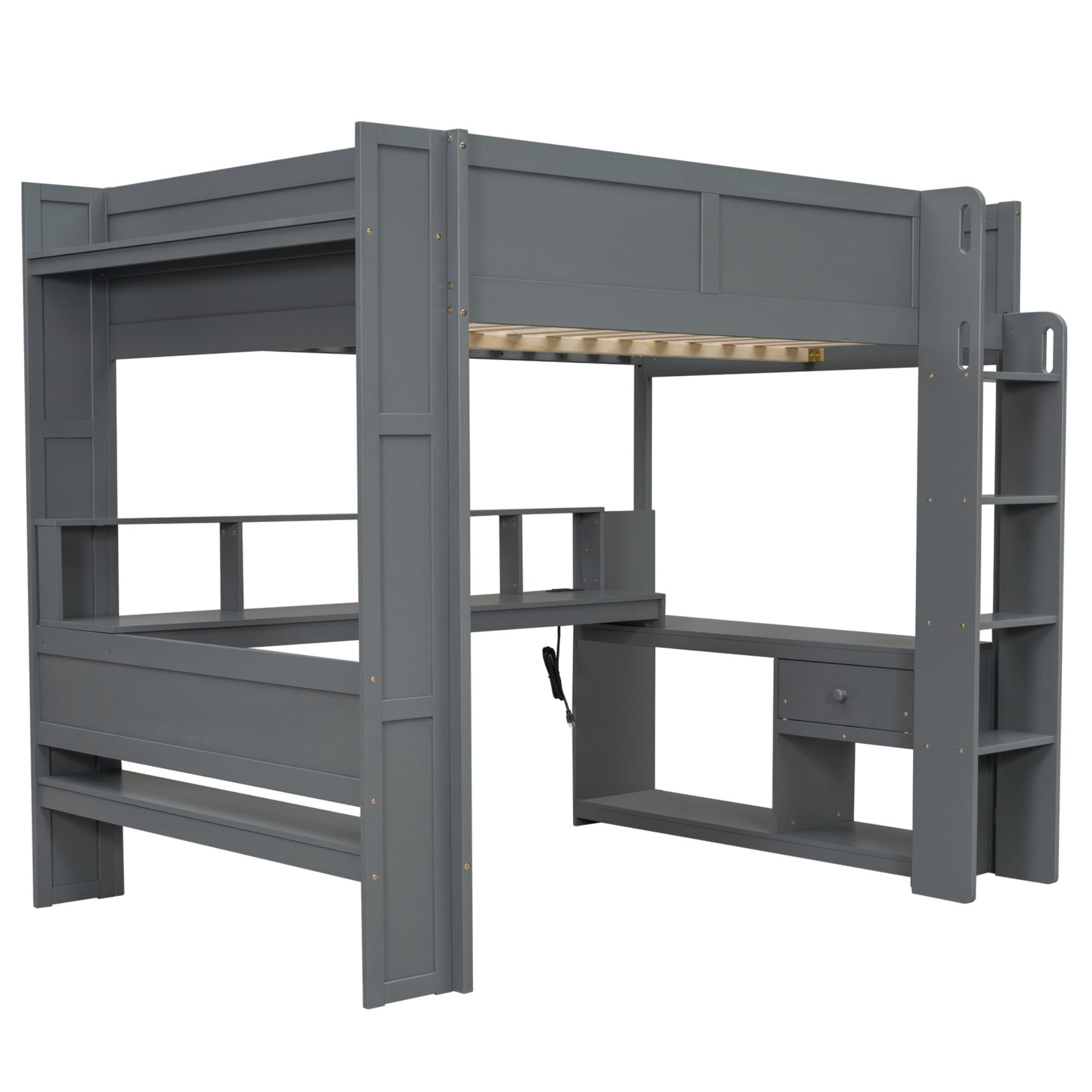 Wood Full Size Gaming Loft Bed With Desk, Multi Storage Shelves, Led And Charging Station, Dark Gray Box Spring Not Required Full Dark Gray Wood Bedroom Bed Frame Solid Wood Mdf