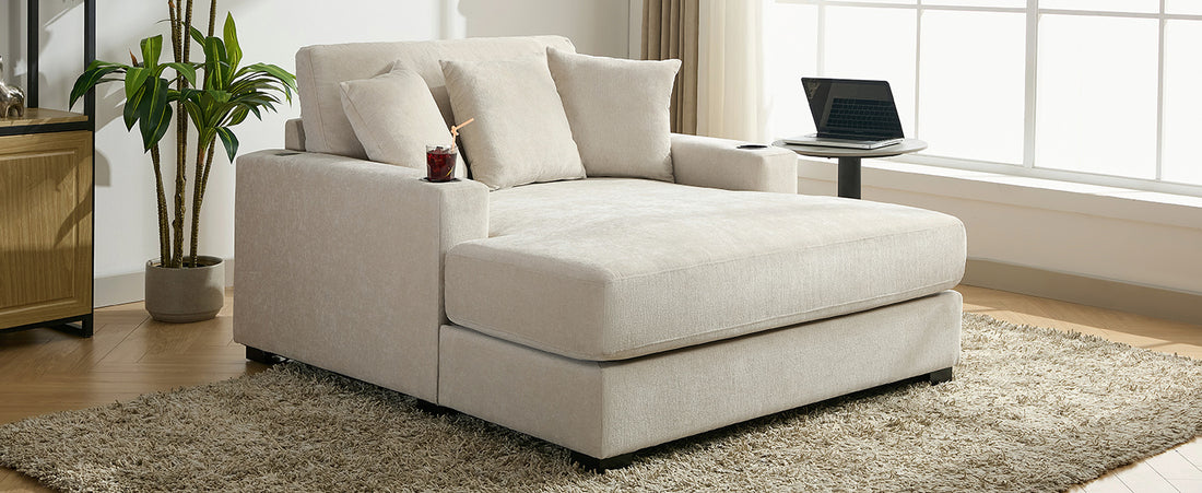 55" Oversized Chaise Lounger Modern Style Sofa Couch ,With Pillows, Charge Station & Cup Holders, Chenille Fabric, Cream Cream Chenille