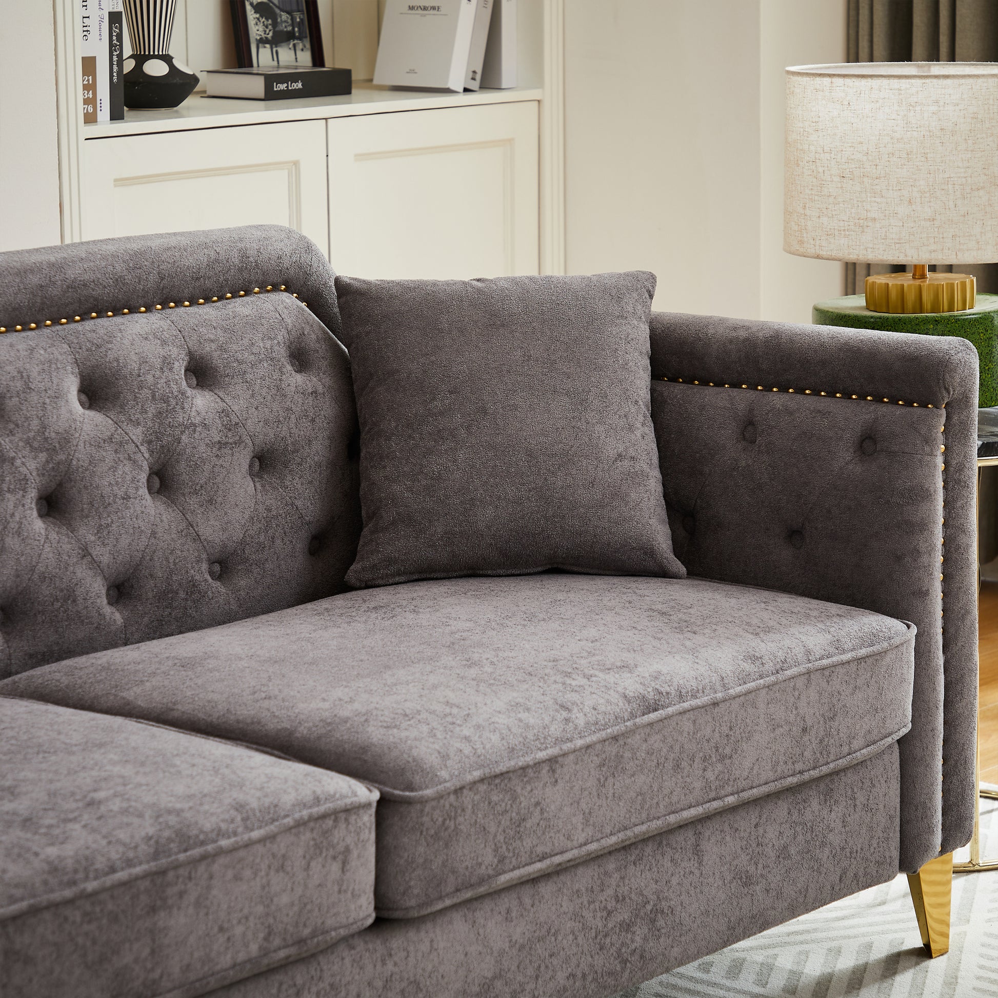 Fx 81"Mid Century Design Modern Sofa,Chenille Pull Buckle Design Sofa For Living Room,Buttons Tufted With Copper Nail Decoration Armrest, With 2 Pillows,Modern Couch Upholstered Button And Metal Leg Grey Chenille Pine Foam Fabric 3 Seat