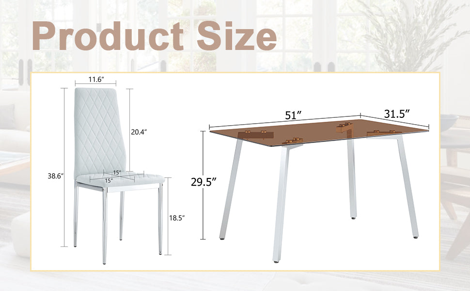 Table And Chair Set.Large Modern Rectangular Table With Brown Glass Top And Silver Metal Legs. Paired With 6 Light Gray Chairs With Checkered Armless High Back Pu Cushion And Silver Metal Legs. Light Gray,Silver Seats 6 Glass Metal