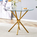 Round Clear Glass Dining Table With A Unique Shape For 4 6 People, With Ring Shaped Gathered Gold Metal Legs, Suitable For Desks, Kitchens, Terraces, Dining Rooms. Gold Glass Metal