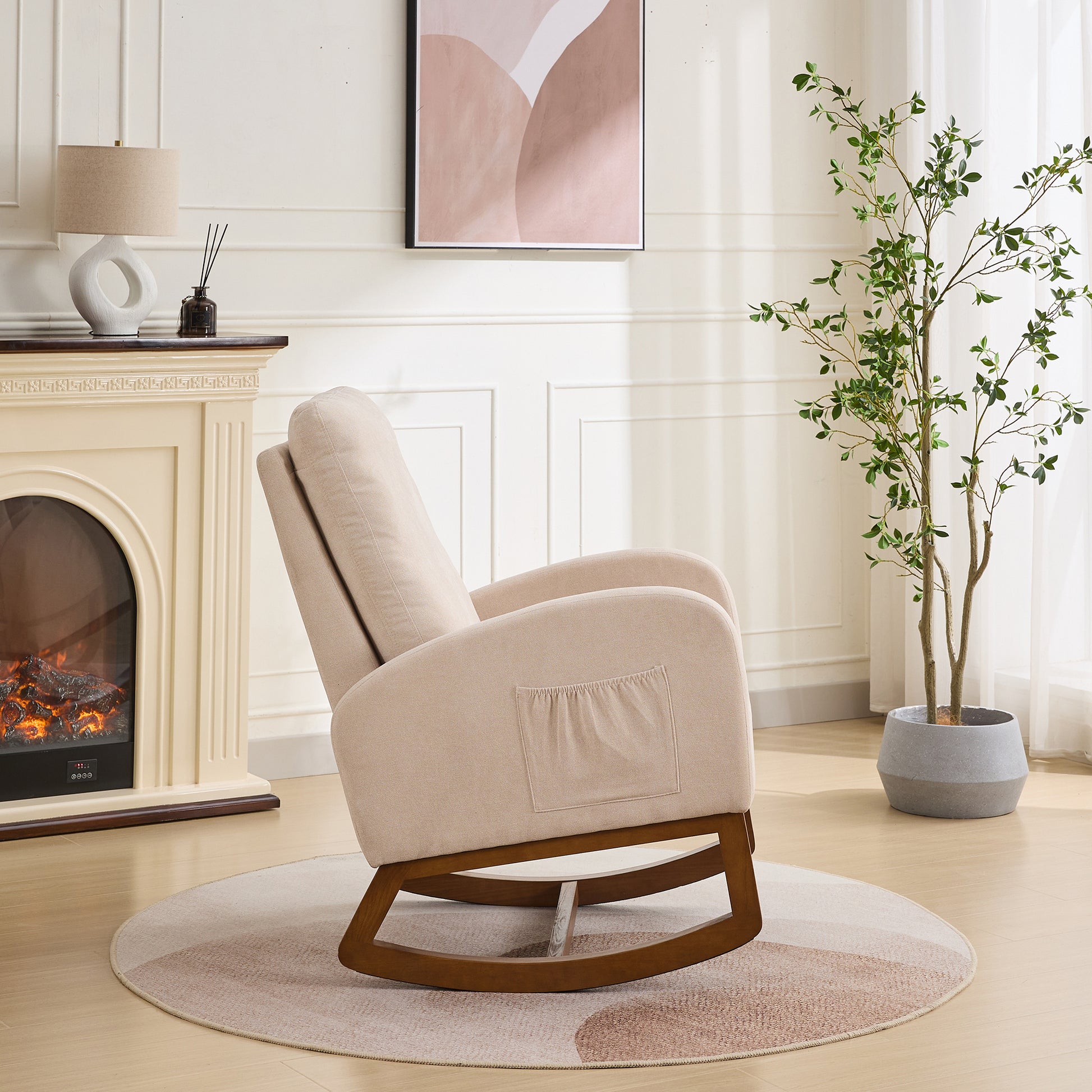 27.2"W Rocking Chair For Nursery, Polyester Glider Chair With High Back And Side Pocket, Rocking Accent Armchair With Rubber Wood Legs For Living Room Bedroom.Beige Beige Polyester