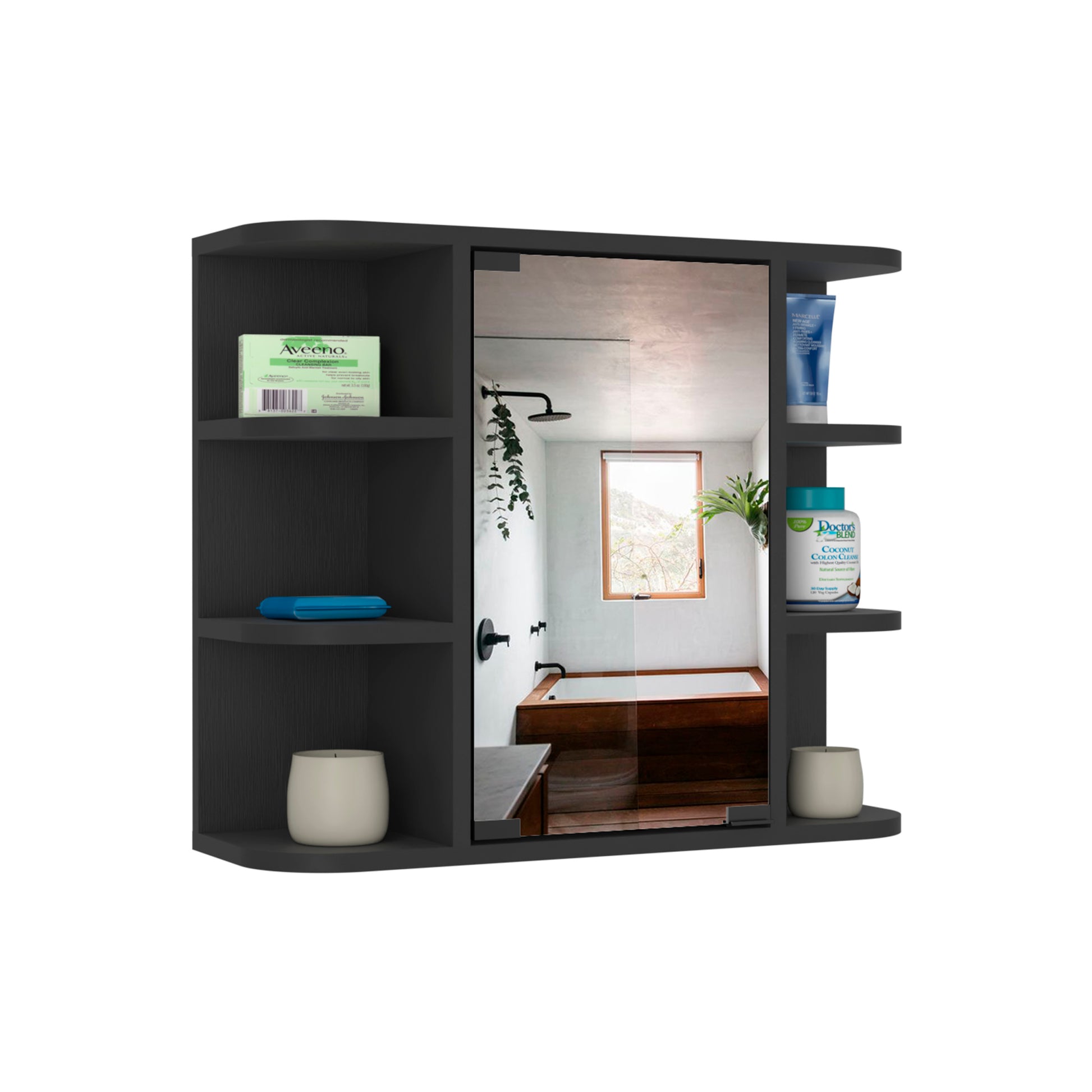 Medicine Cabinet 19" H, Six External Shelves, Three Interior Shelves, Black Black Particle Board Particle Board