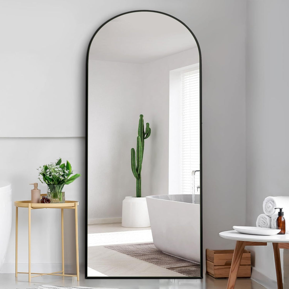 Dolonm 71X24 Inch Arch Full Length Mirror, Modern Design Standing Floor Mirror, Full Body Mirror For Living Room, Bedroom, Bathroom, Cloakroom, Hallway, Black Wooden Frame Black Mirror