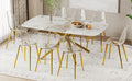 Table And Chair Set.Modern Luxurious White Marble Patterned Tempered Glass Dining Table Set With Transparent Pp Chairs.8 Transparent High Quality Pp Dining Chairs With Golden Legs. White Gold Seats