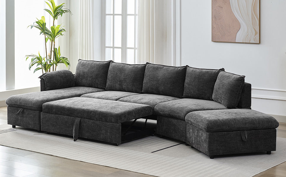 146.9" L Shaped Sofa Sectional Sofa Couch Pull Out Sofa Bed With A Movable Storage Ottoman, A Storage Chaise Lounge And Two Usb Ports For Living Room, Grey Grey Foam Linen 5 Seat