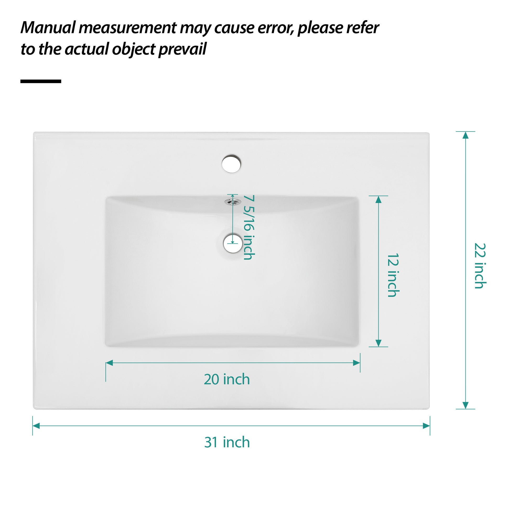 31"X22" White Rectangular Single Vanity Top With 1 Faucet Hole And Overflow Sink Only White Ceramic