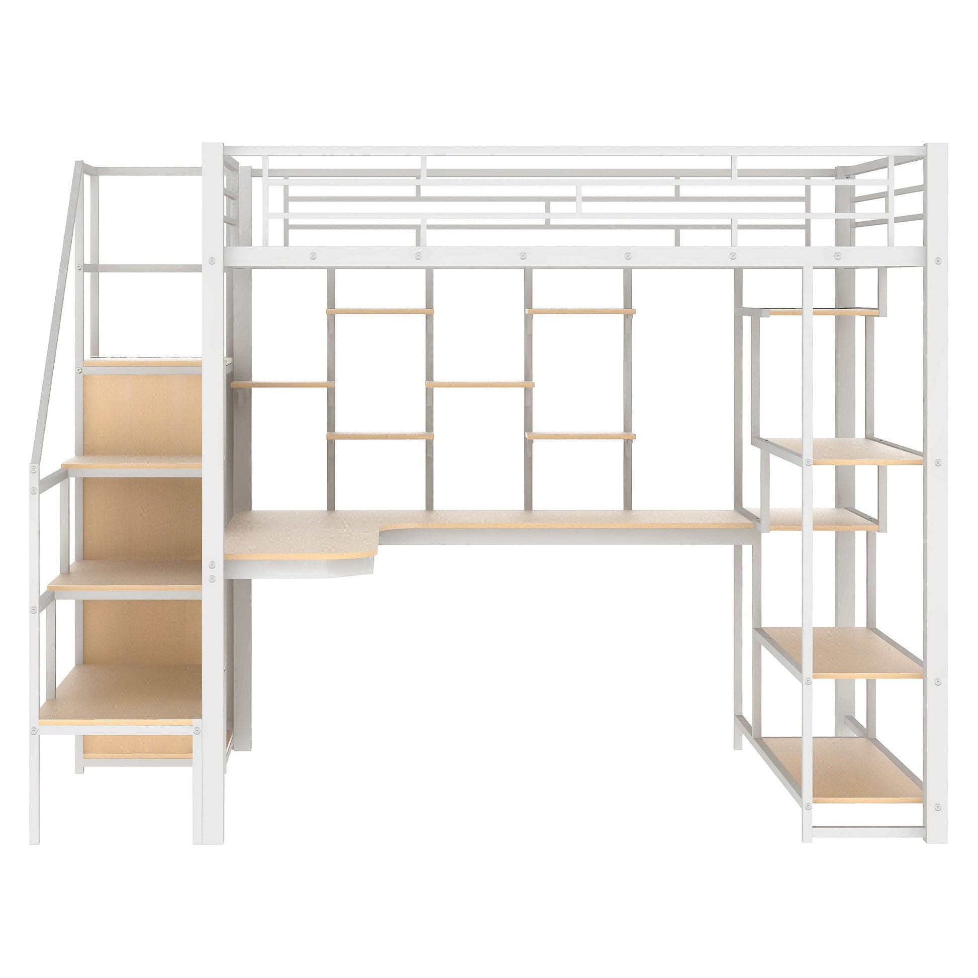 Full Size Metal Loft Bed With Storage Staircase And Small Wardrobe, Built In Desk And Storage Shelves, White Full White Metal