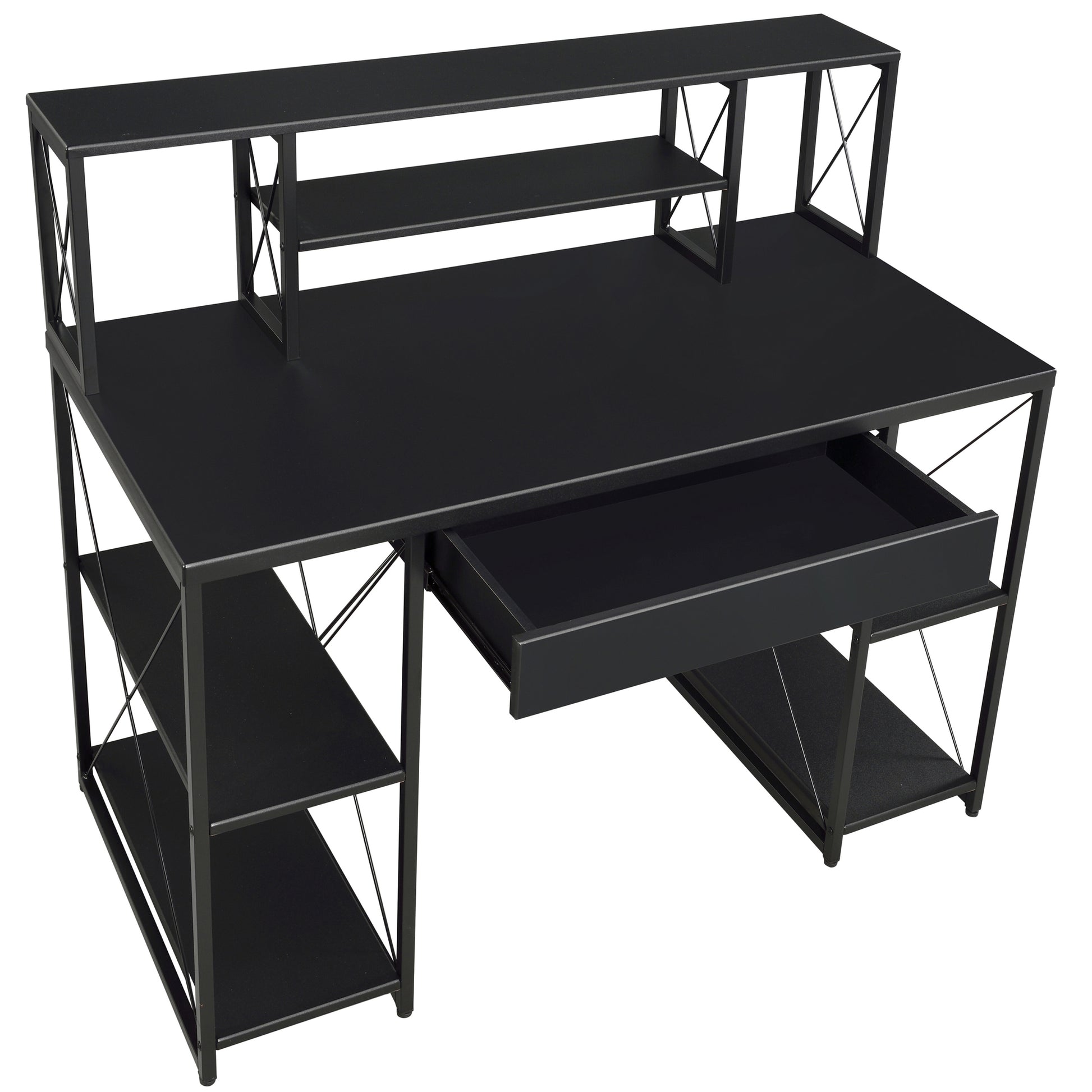 Black Office Desk With Open Shelves And Hutch Black Writting Desk Office Rectangular Shelves Wood Metal Sled