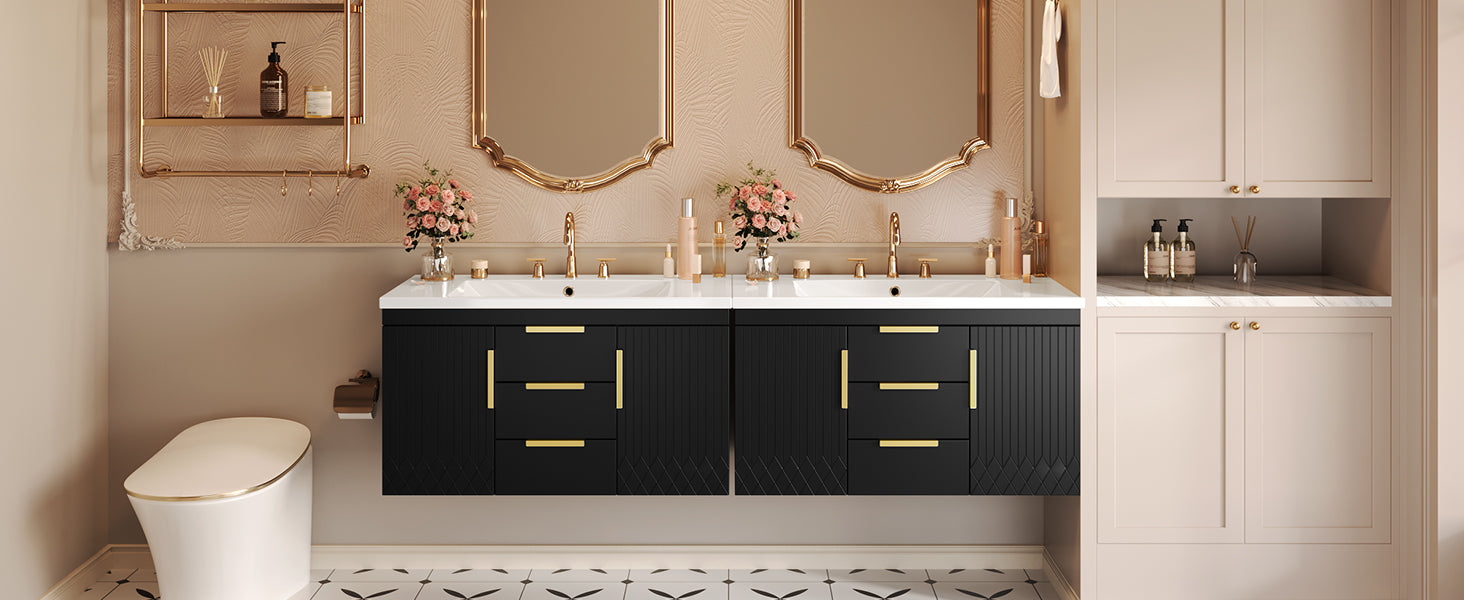 36'' Wall Mounted Bathroom Vanity With Resin Sink, Floating Bathroom Storage Cabinet With 2 Drawers, Solid Wood Bathroom Cabinet Black Bathroom Modern Mdf