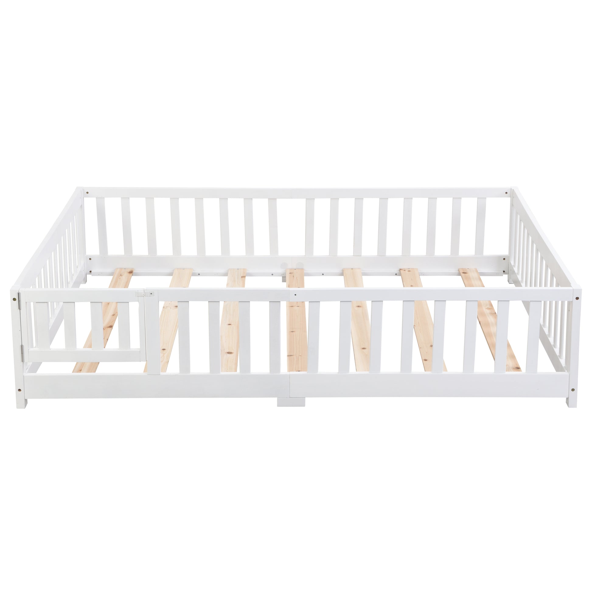 Queen Size Floor Bed With Door,Solid Wood Platform Bed Frame With Fence,Suitable For Children,Pine Wood,White Queen White Wood