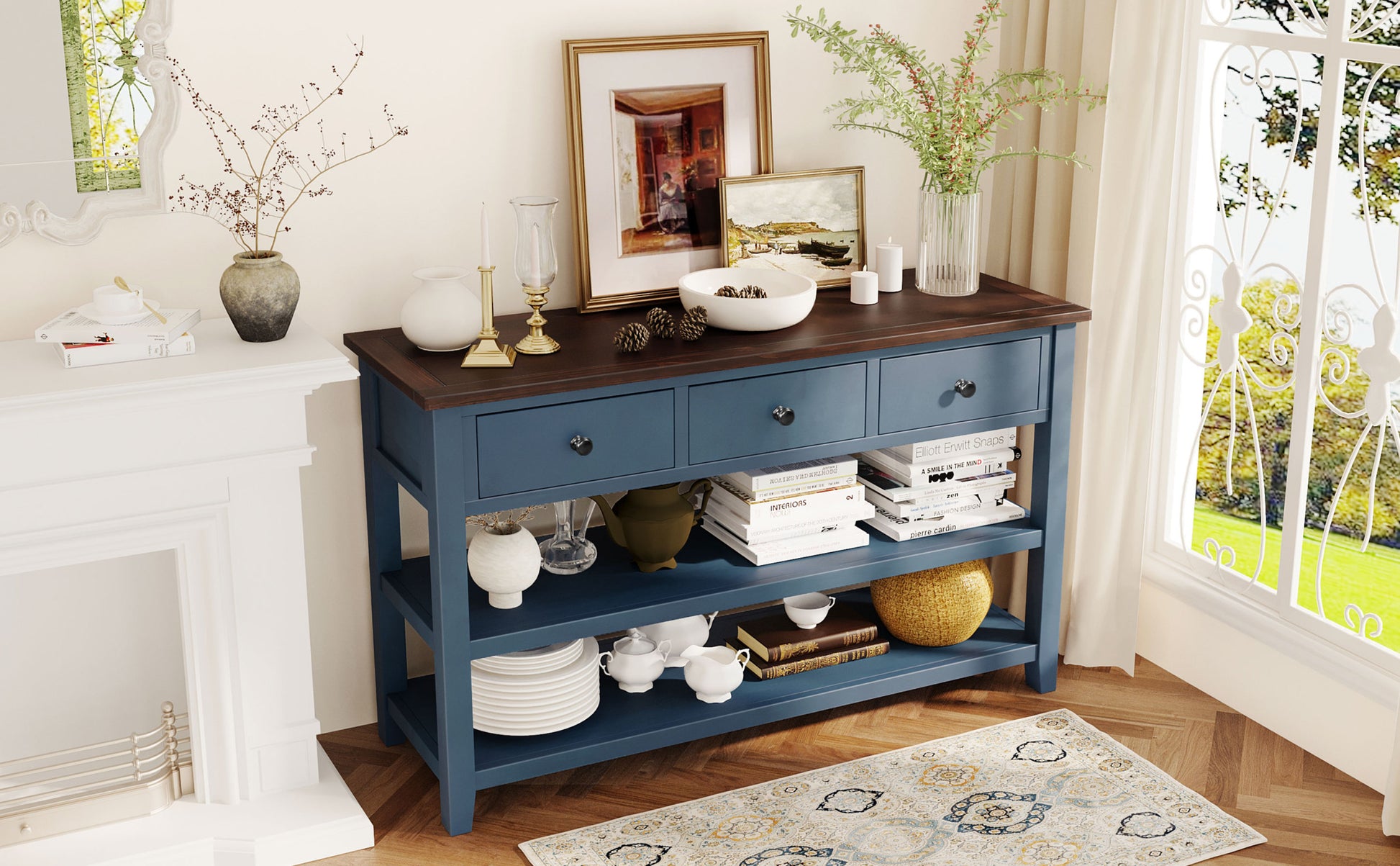 Retro Design Console Table With Two Open Shelves, Pine Solid Wood Frame And Legs For Living Room Antique Navy Espresso Antique Navy Espresso Solid Wood Mdf