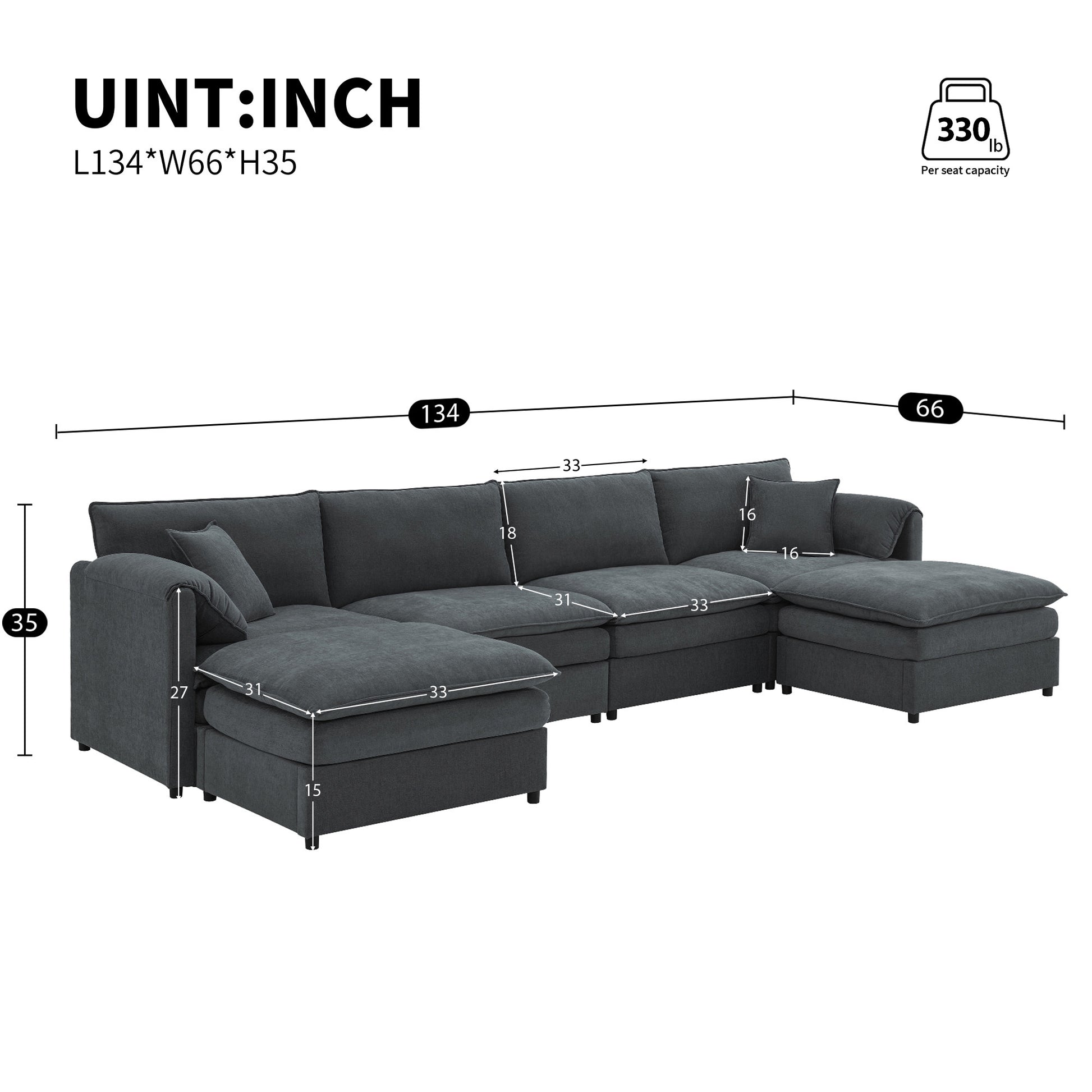 134*66" Chenille Modular Sectional Sofa,U Shaped Cloud Couch Set With Double Cushions ,6 Seat Sleeper Sofa Bed With Ottomans,Oversized Indoor Furniture For Living Room, 3 Colors Dark Gray Chenille 6 Seat