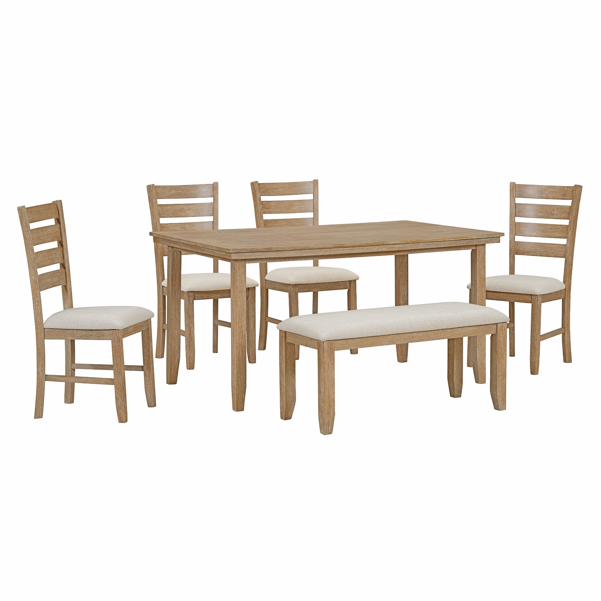 Dining Room Table And Chairs With Bench, Rustic Wood Dining Set, Set Of 6 Natural Wood Wash Natural Wood Wash Solid Wood