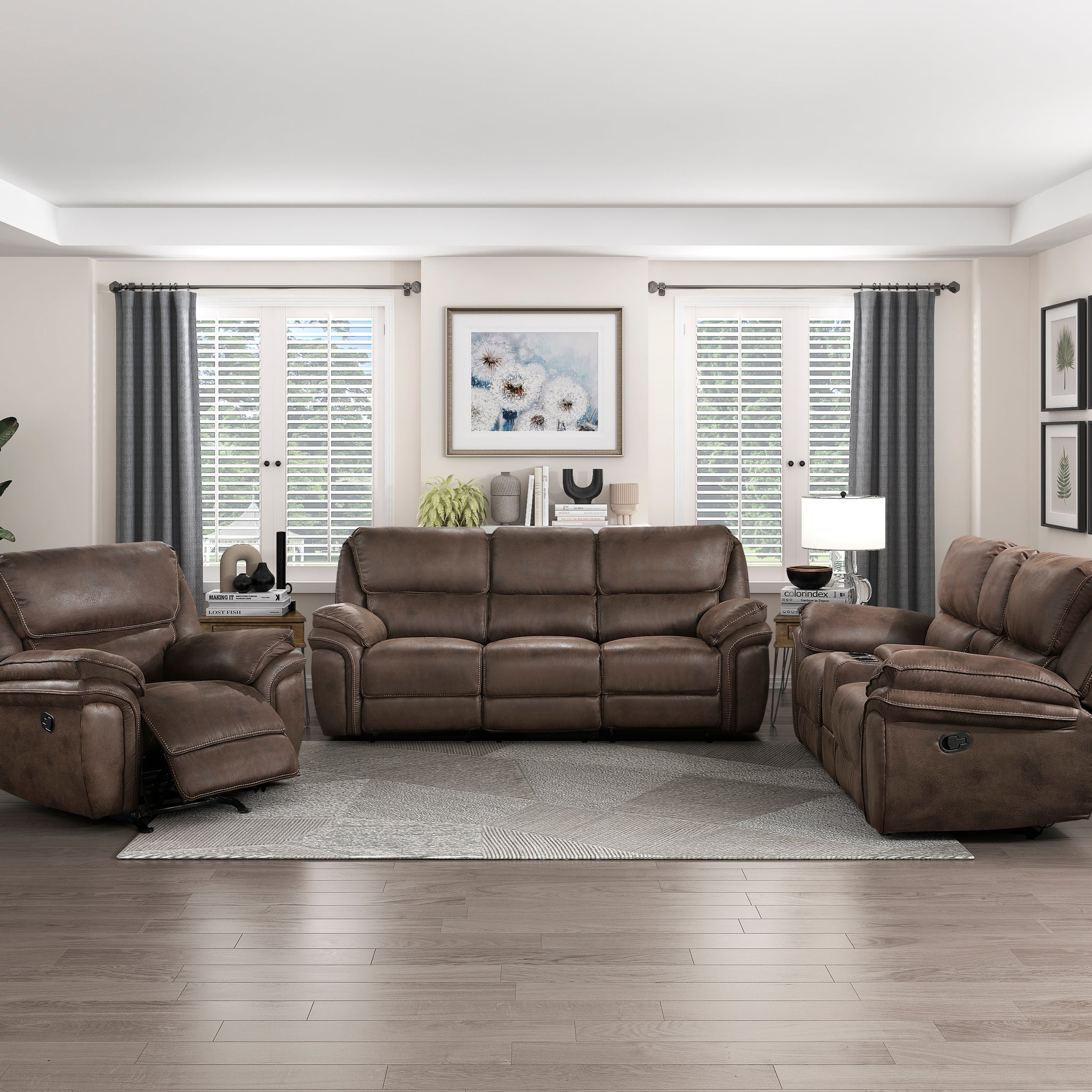 Plush Modern Living Room Sofa Set 3Pc Reclining Sofa Loveseat Rocker Reclining Chair Brown Microfiber Upholstery Solid Wood Frame Furniture Brown Microfiber Wood Primary Living Space Modern Plywood,Solid Wood 6 Seat