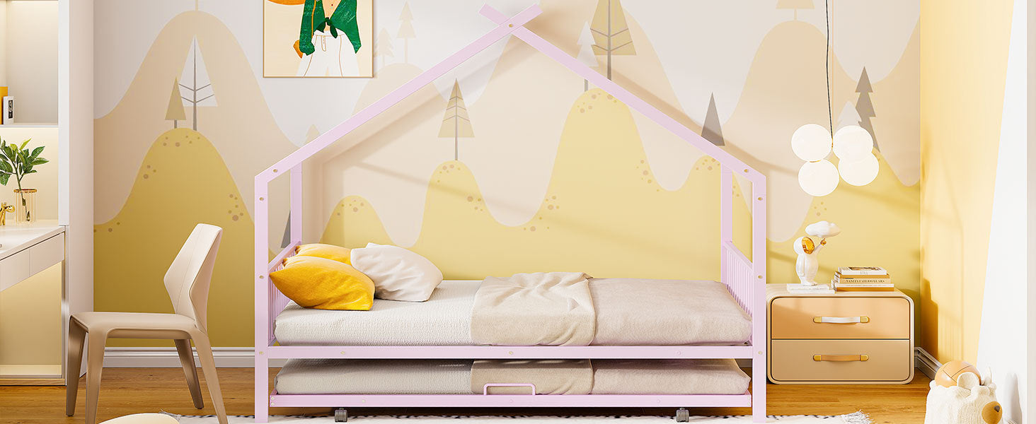 Twin Size Metal House Bed With Twin Size Trundle, Pink Twin Pink Metal