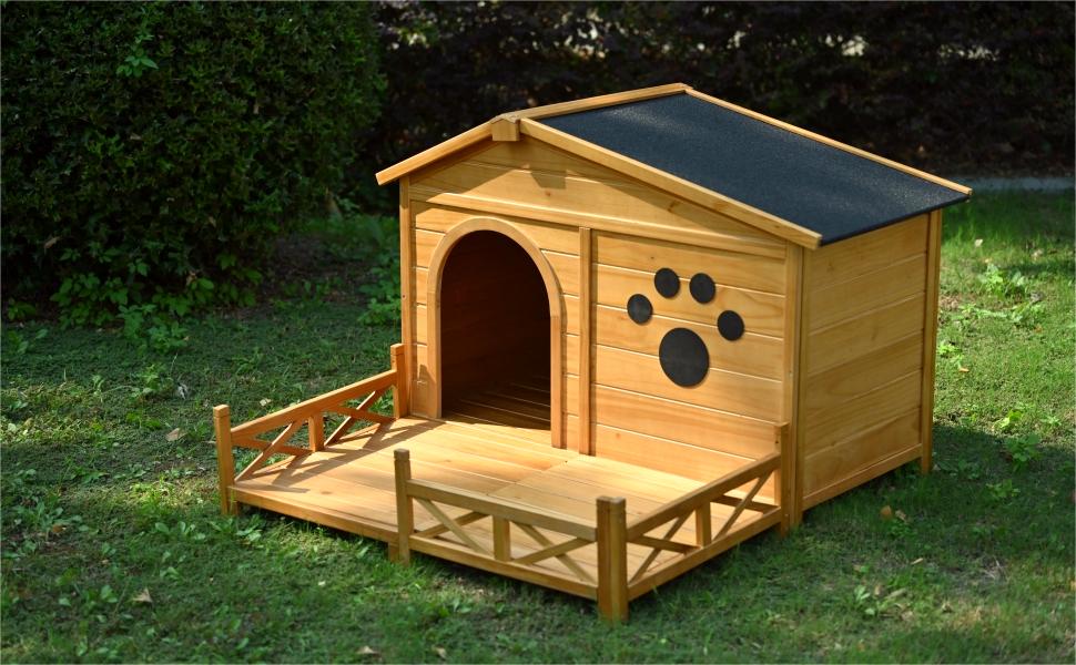 48" Wooden Dog House Outdoor With Porch, Dog Kennel With Water Resistant Asphalt Roof And Fencing,Indoor & Outdoor Dog Crate With Paw Print, Medium, Nature Natural Outdoor Kennel Medium 26 40 Lbs