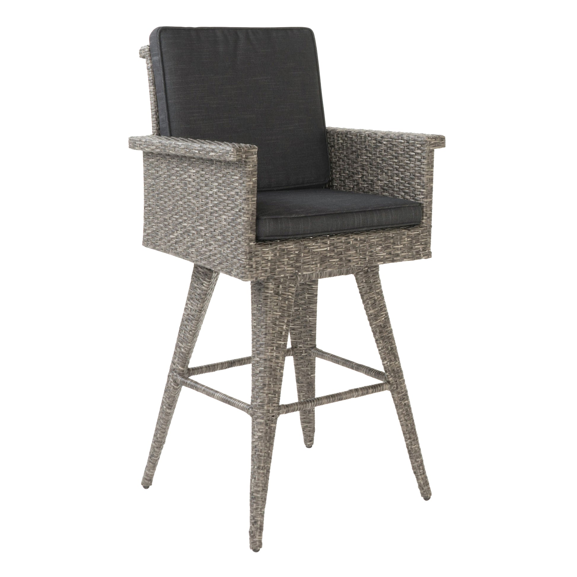 30" Outdoor Wicker Barstool With Water Resistant Cushions 1Pc Black Gray Pe Rattan Iron Waterproof Fabric