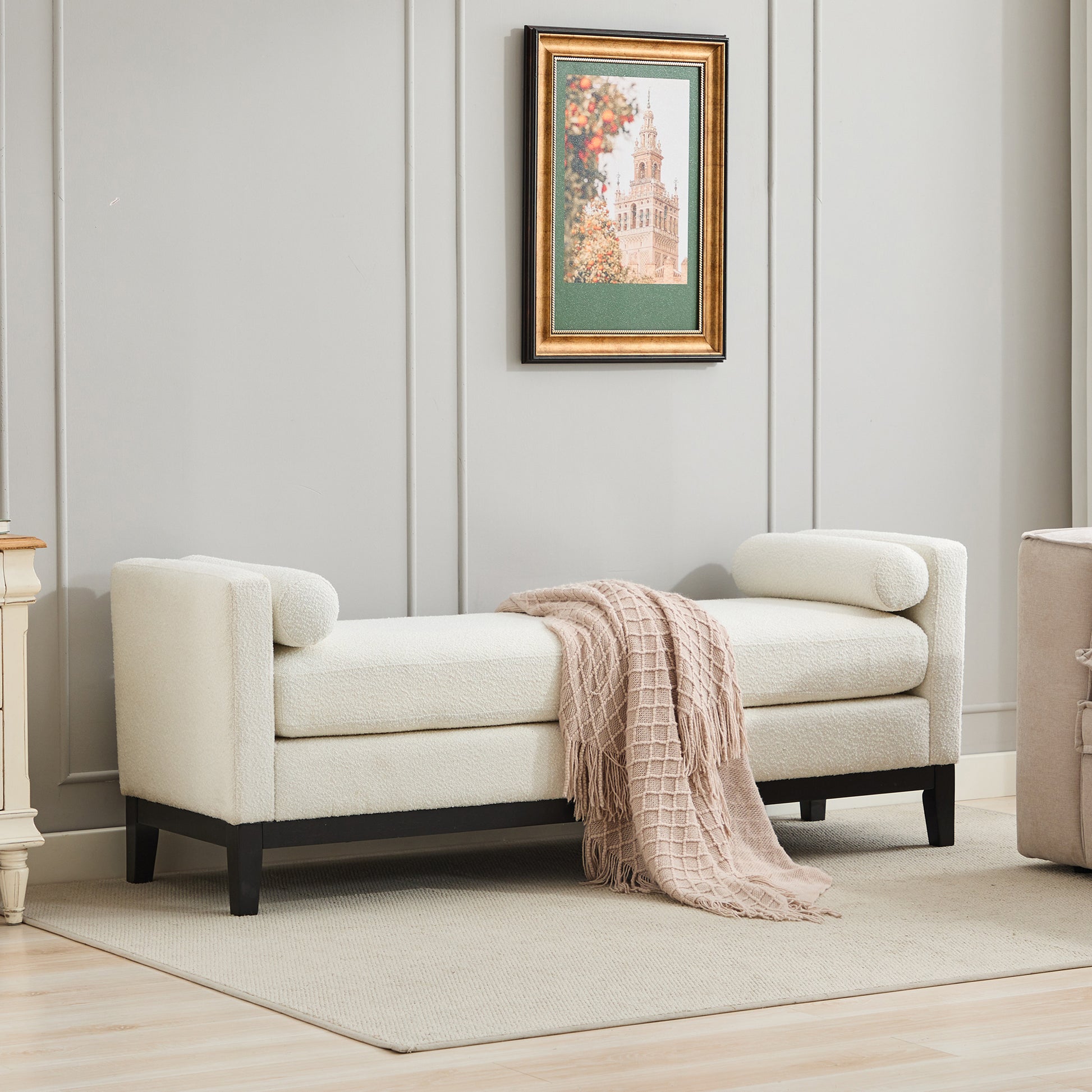 66.34"W Elegant Upholstered Bench,Daybed, Ottoman With Wood Legs & 2 Bolster Pillows For End Of Bed, Bedroom, Living Room, Entryway,Ivory Boucle Ivory Boucle