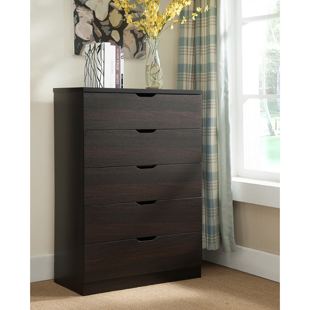 Functional 5 Drawer Chest In Dark Brown Finish Dark Brown Mdf