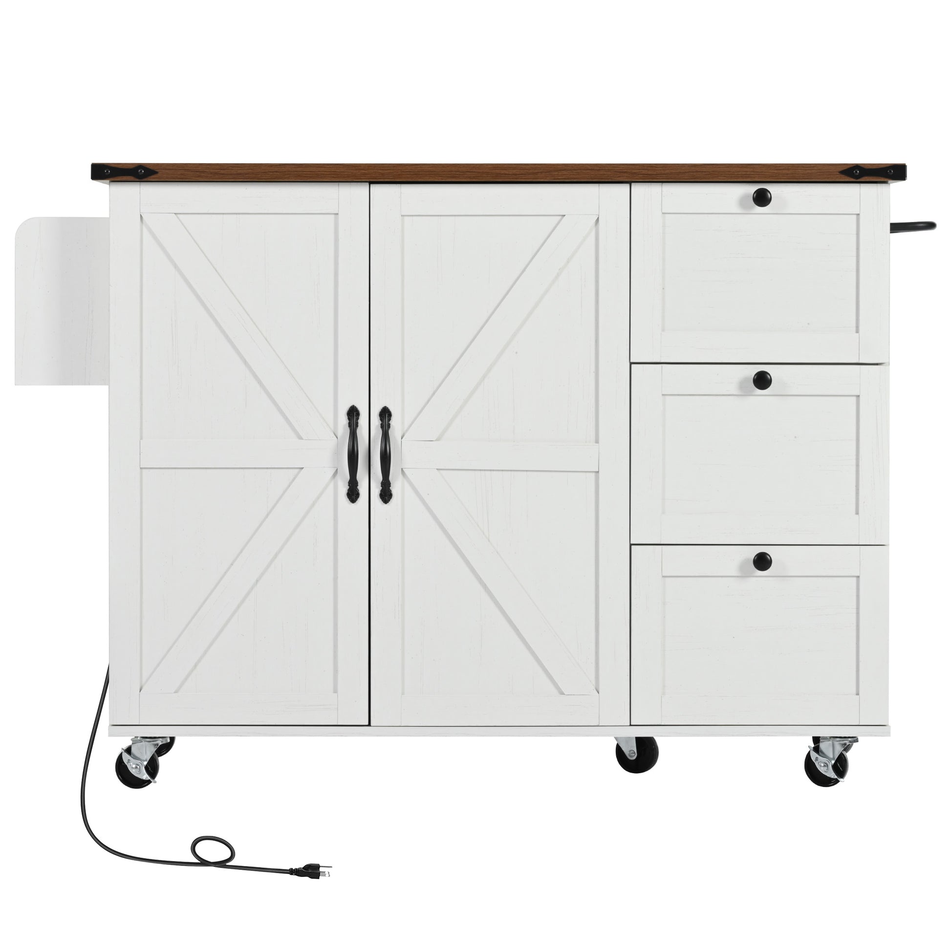 K&K 54.5" Farmhouse Kitchen Island With Power Outlet, Kitchen Storage Island With Internal Storage Rack, Drop Leaf, Spice Rack, Rolling Kitchen Cart On Wheels, For Home, Kitchen And Dining