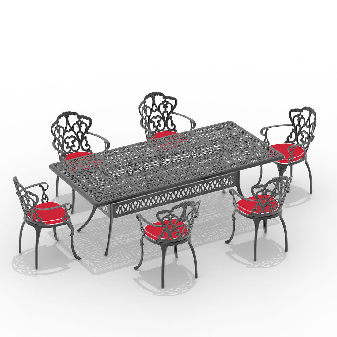 Cushions In Random Colors 7 Piece Set Of Cast Aluminum Patio Furniture With Cushions Yes Dining Set Black Seats 6 Rust Resistant Frame Water Resistant Cushion Garden & Outdoor Complete Patio Sets Aluminium