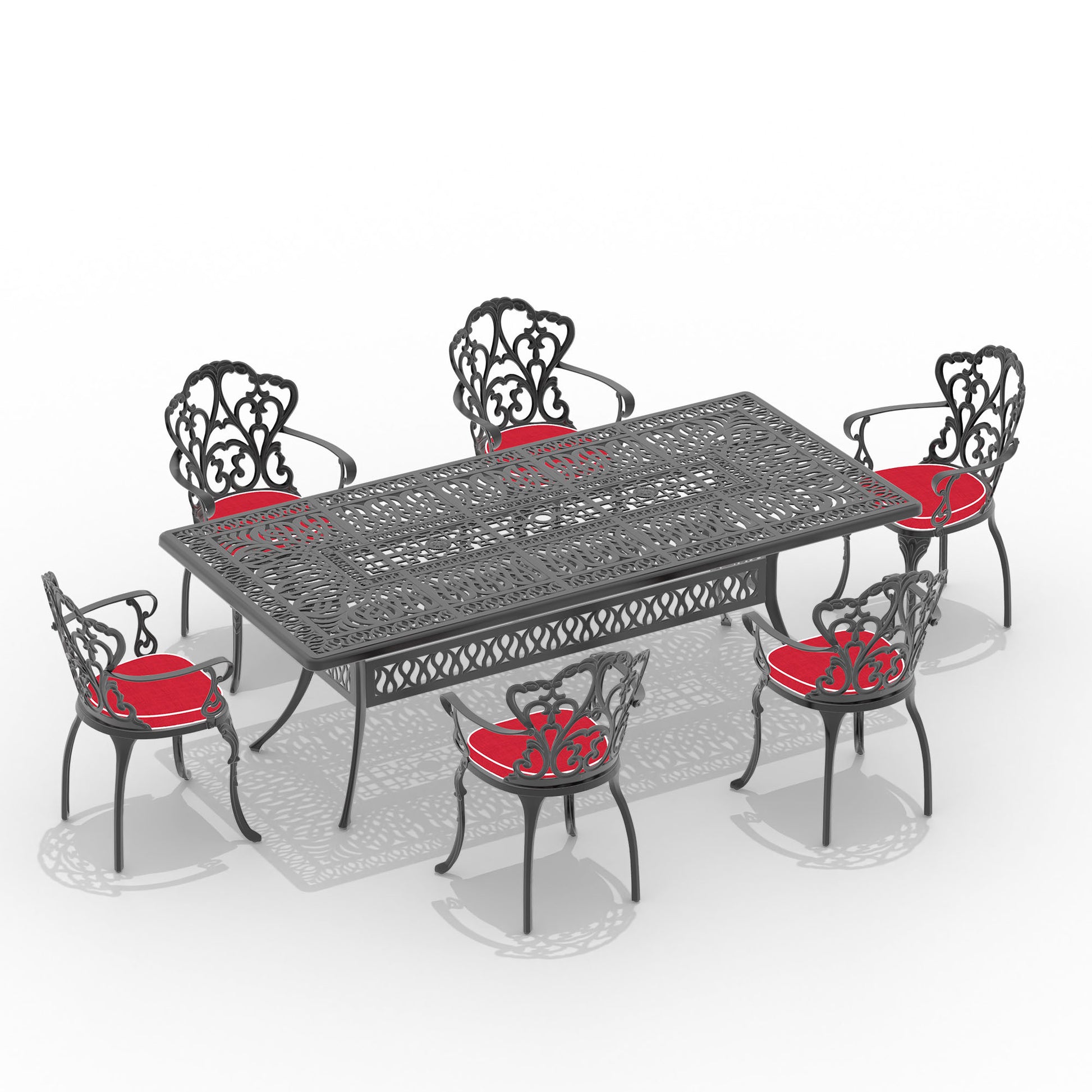Cushions In Random Colors 7 Piece Set Of Cast Aluminum Patio Furniture With Cushions Yes Dining Set Black Seats 6 Rust Resistant Frame Water Resistant Cushion Garden & Outdoor Complete Patio Sets Aluminium