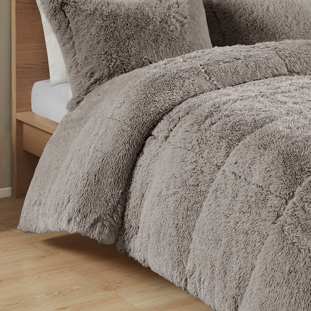 Shaggy Long Fur Comforter Mini Set Twin Grey Polyester