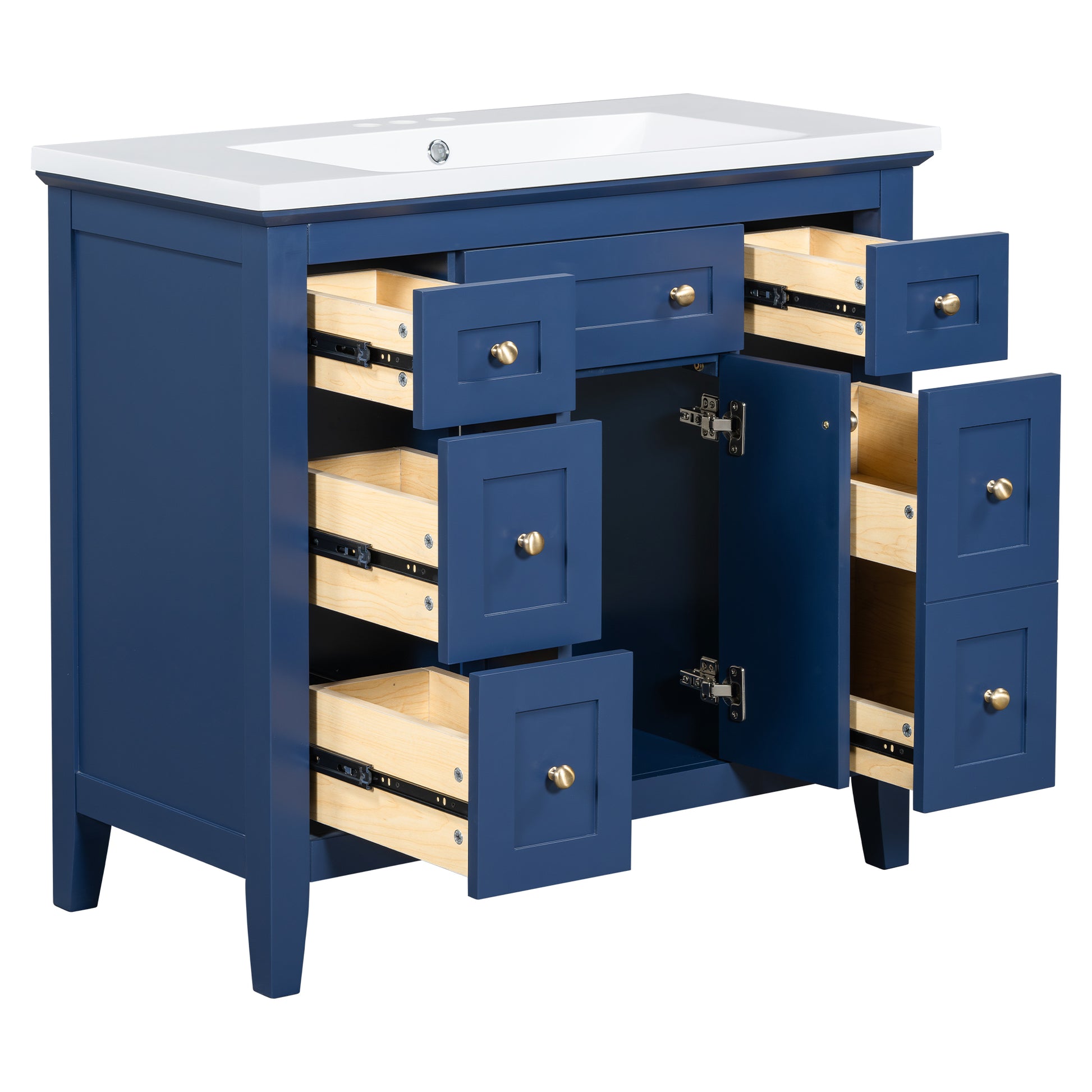 36'' Bathroon Vanity With Resin Sink Combo Set, Modern Freestanding Single Bathroom Cabinet With 6 Drawers & 2 Cabinets, Storage Cabinet For Bathroom, Solid Wood Frame Vanity Set, Blue 4 Blue 2 2 Bathroom Freestanding Solid Wood Mdf Resin Painted