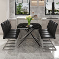 Table And Chair Set.Table And Chair Set.Modern Luxurious Black Marble Patterned Tempered Glass Dining Table With 8 Black Pu Chairs.Multiple High Quality Pu Dining Chairs With Silver Legs.