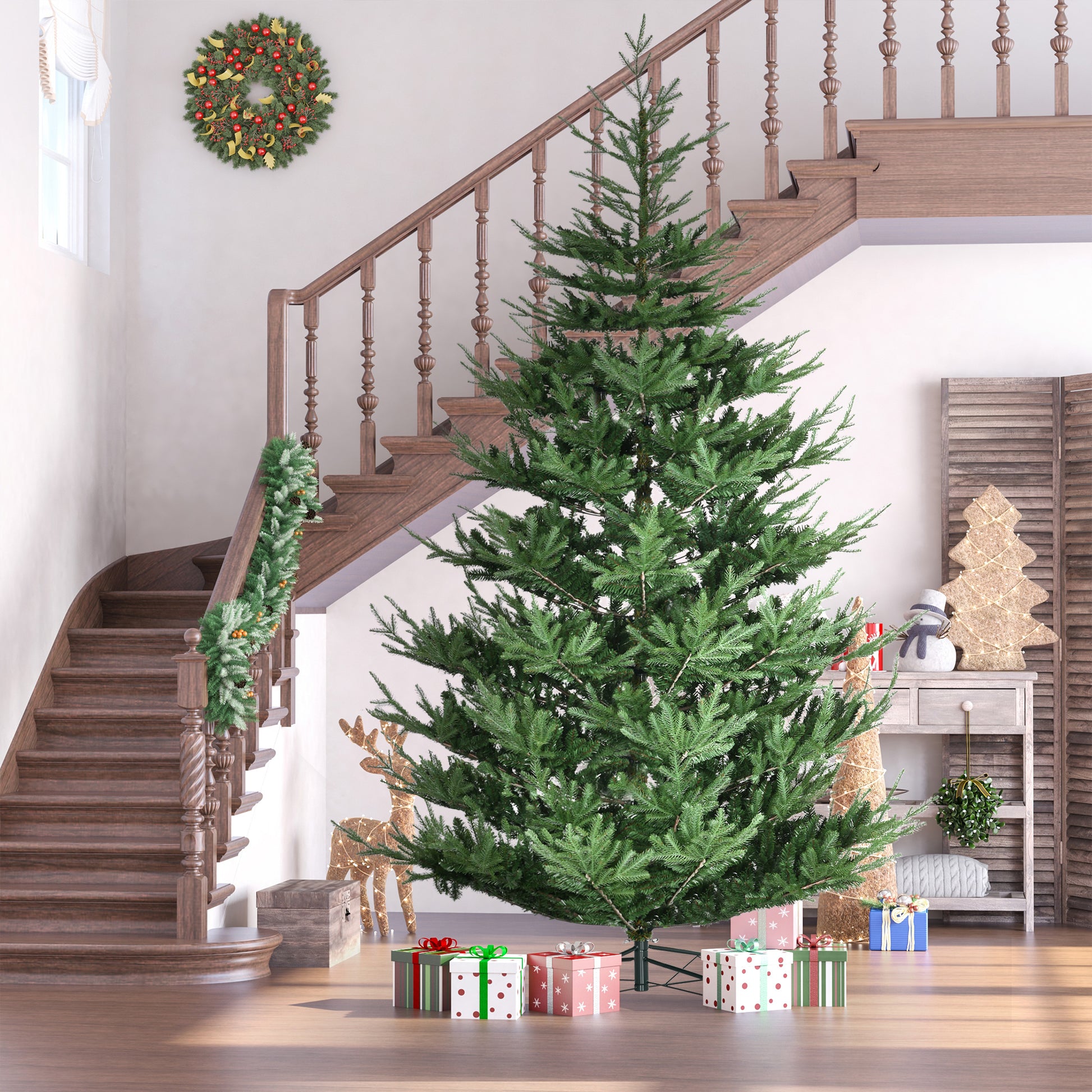 Homcom 9 Foot Artificial Christmas Tree, Pine Hinged Xmas Tree With 1939 Realistic Branches, Steel Base, Auto Open, Green Green Plastic