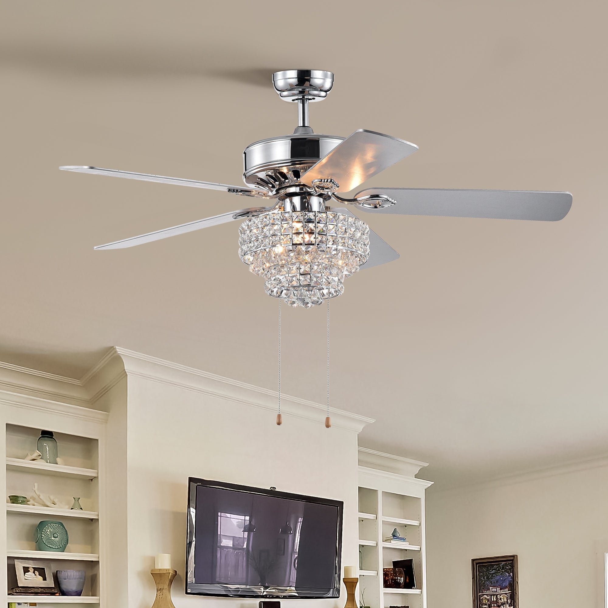 52 Inch Crystal Ceiling Fan Lamp With Hand Pull Chain 3 Speed High, Mid, Low , 5 Reversible Blades Ceiling Fan Chrome ,3Pcs*E12 No Include Bulb Chrome American Traditional,Antique,Classic,Contemporary Plywood Metal