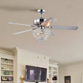 52 Inch Crystal Ceiling Fan Lamp With Hand Pull Chain 3 Speed High, Mid, Low , 5 Reversible Blades Ceiling Fan Chrome ,3Pcs*E12 No Include Bulb Chrome American Traditional,Antique,Classic,Contemporary Plywood Metal