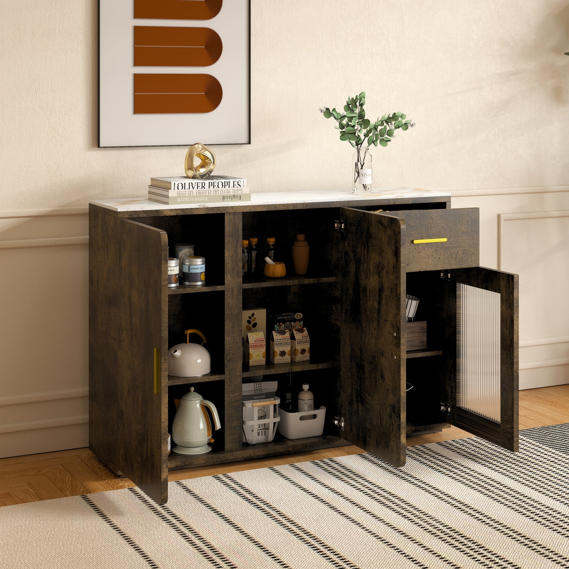 2401Wood Storage Cabinet, Modern Accent Buffet Cabinet, Free Standing Sideboard And Buffet Storage With Door Buffet Sideboard For Bedroom, Living Room, Kitchen Or Hallway Black Brown Mdf