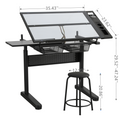 Hand Crank Adjustable Drafting Table Drawing Desk With 2 Metal Drawers Black With Stool Black Glass Metal