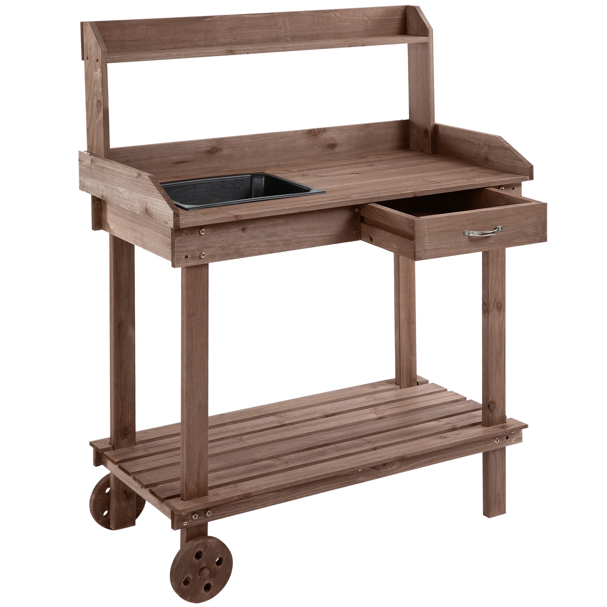 Outsunny 36'' Wooden Potting Bench Work Table With 2 Removable Wheels, Sink, Drawer & Large Storage Spaces, Brown Brown Wood