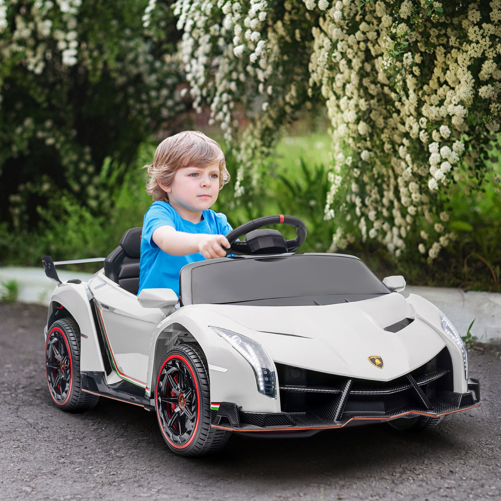 Aosom Lamborghini Veneno Licensed Kids Electric Car With Bluetooth, 12V Ride On Car With Butterfly Doors, Remote Control, Portable Battery, Suspension System, Horn, Songs, Lights, White White Plastic