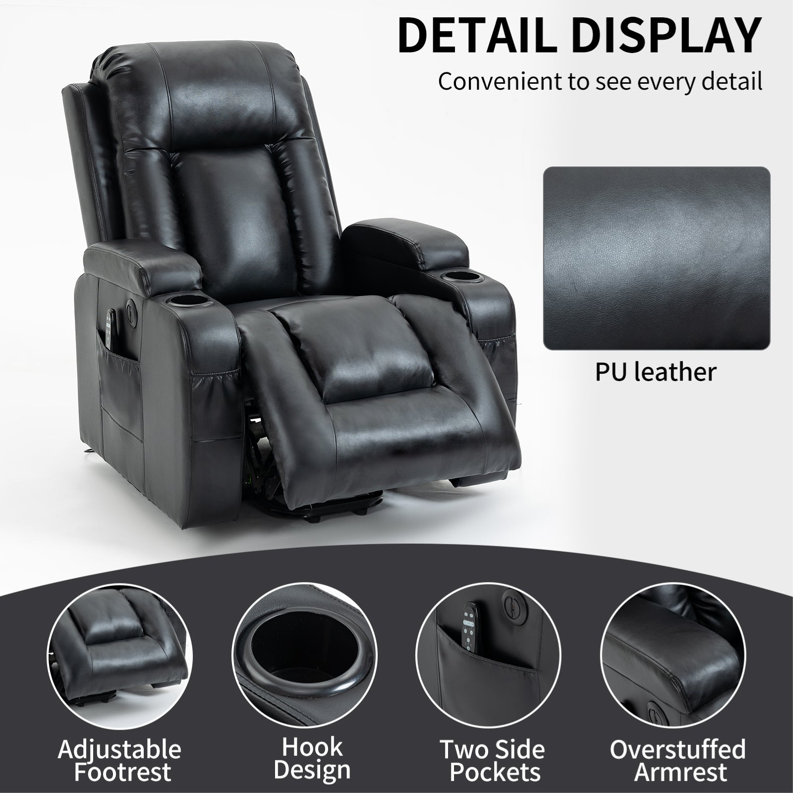 Infinite Position Up To 350 Lbs Power Lift Recliner Chair For Elderly, Heavy Duty Motion Mechanism With 8 Point Vibration Massage And Lumbar Heating, Usb Charging Port, Cup Holders, Black White Metal Primary Living Space Heavy Duty Pine Black Faux