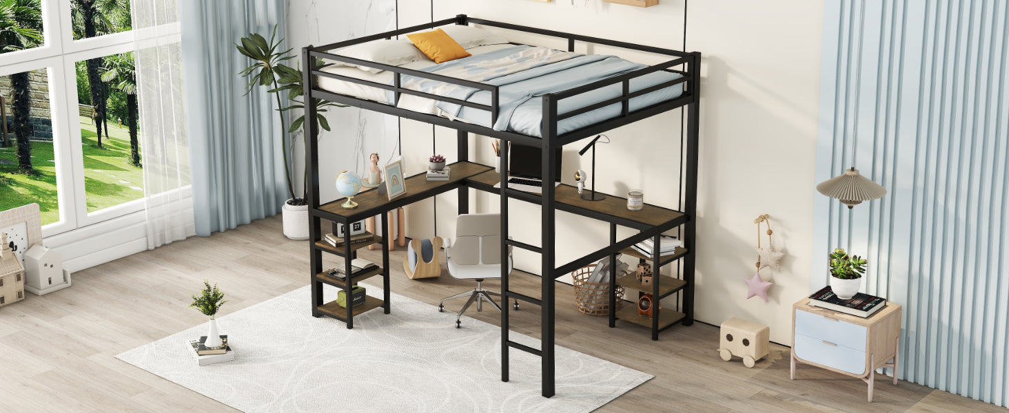 Full Metal Loft Bed With Desk And Shelves, Loft Bed With Ladder And Guardrails, Loft Bed Frame For Bedroom, Black With Vintage Wood Colored Desk Full Black Metal